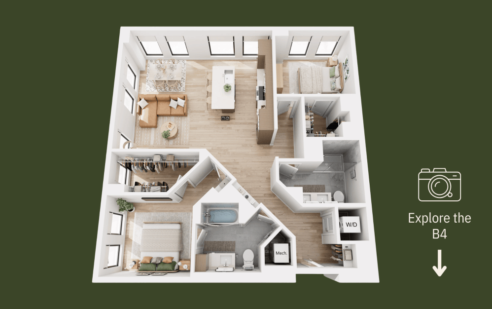 B4 - 2 bedroom floorplan layout with 2 bathrooms and 1197 square feet