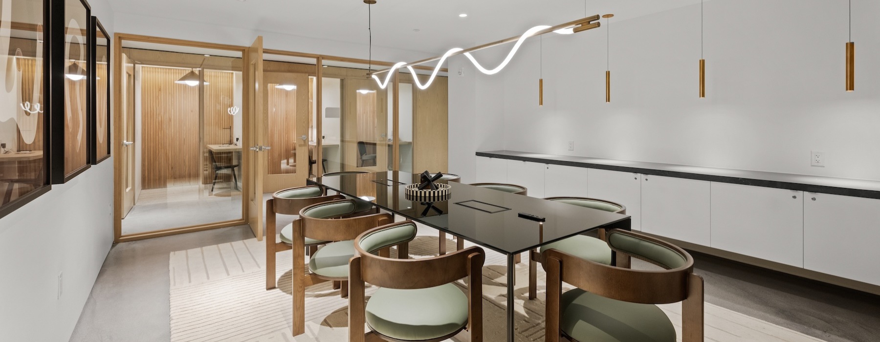 a spacious room with lighting